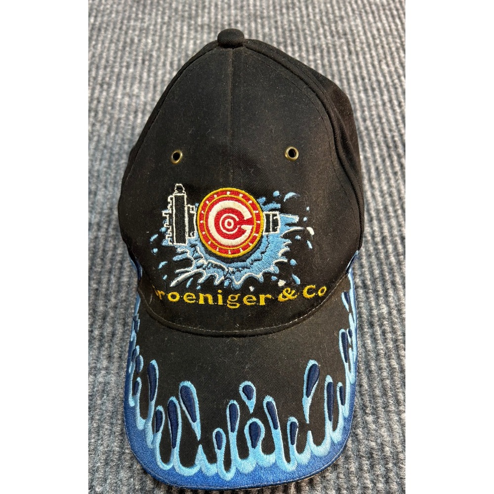 Groeniger & Co Black Embroidered Baseball Hat Blue Splash Flame Adjustable Cap